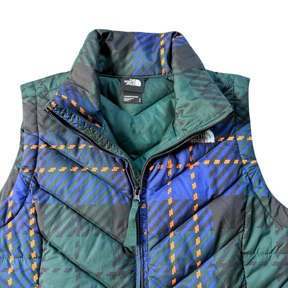 The North Face Women’s 550 Puffer Vest Medium Green Blue Plaid Quilted Full Zip - Picture 2 of 3